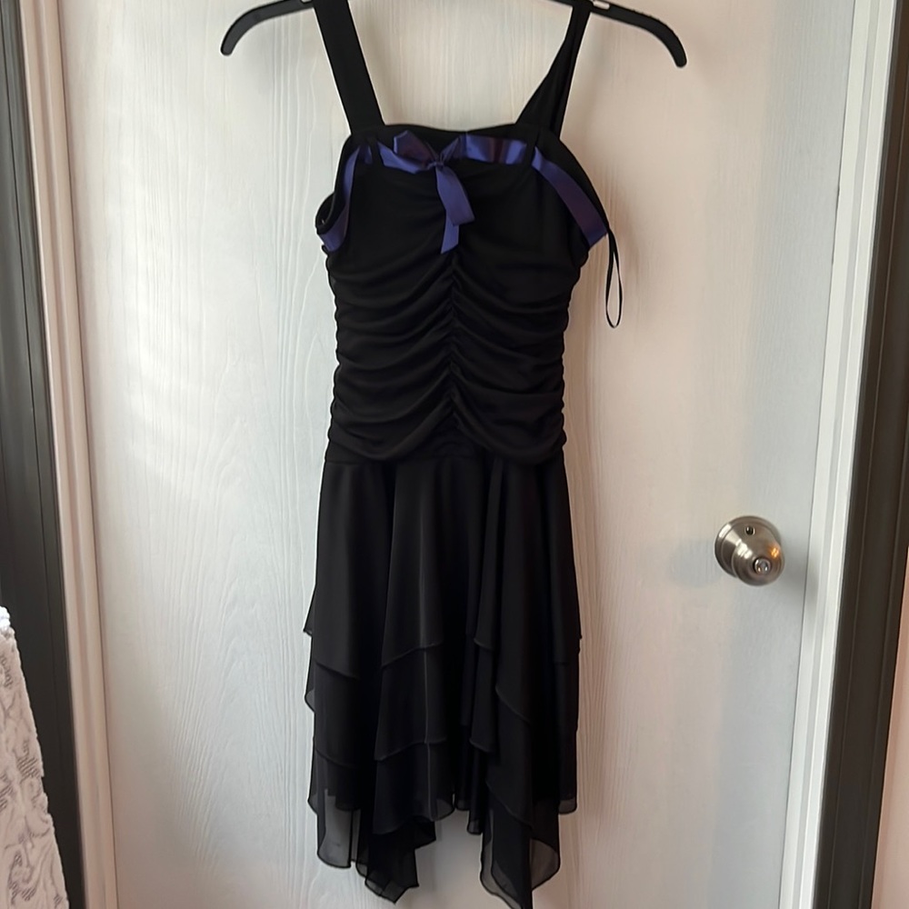 Kids black formal dress with navy blue ribbon